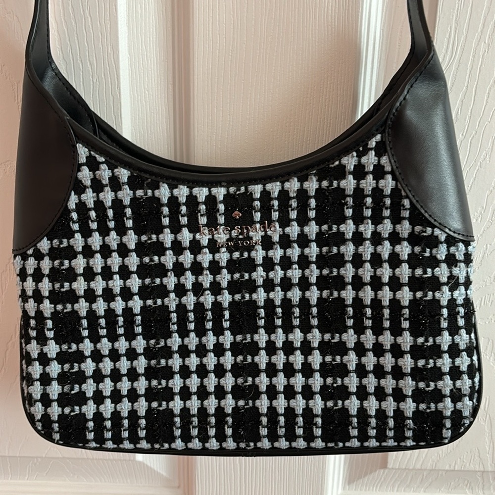 Kate Spade black and light blue aster tweed and leather crossbody purse. EUC